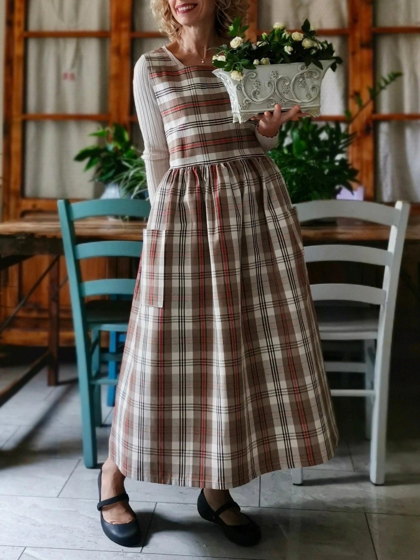 Vintage Brown-Tone Plaid Long Apron & Dress (2-in-1) with Red Stripes & Large Pockets