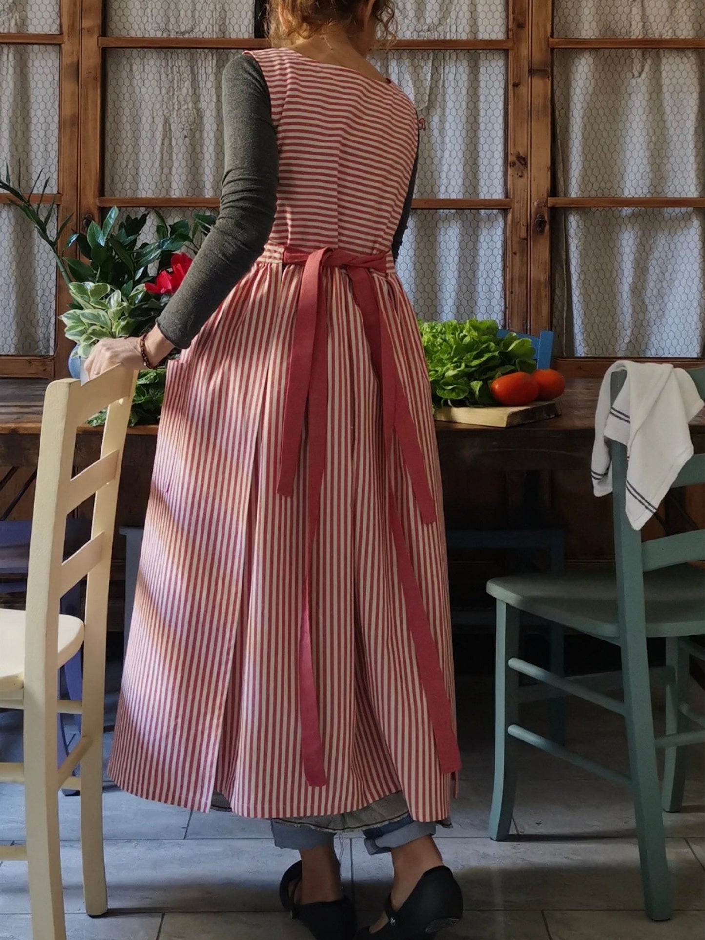 Cherry Red Striped Kitchen Apron
