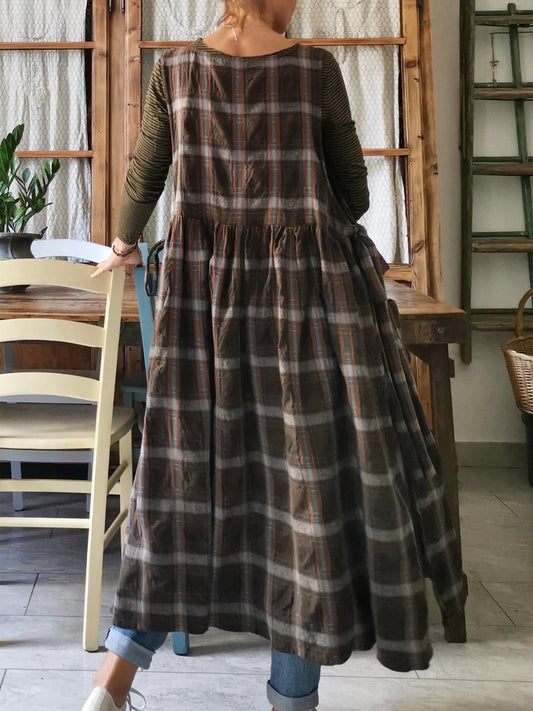 Vintage Dark Brown & Gray Plaid Long Apron & Dress (2-in-1)