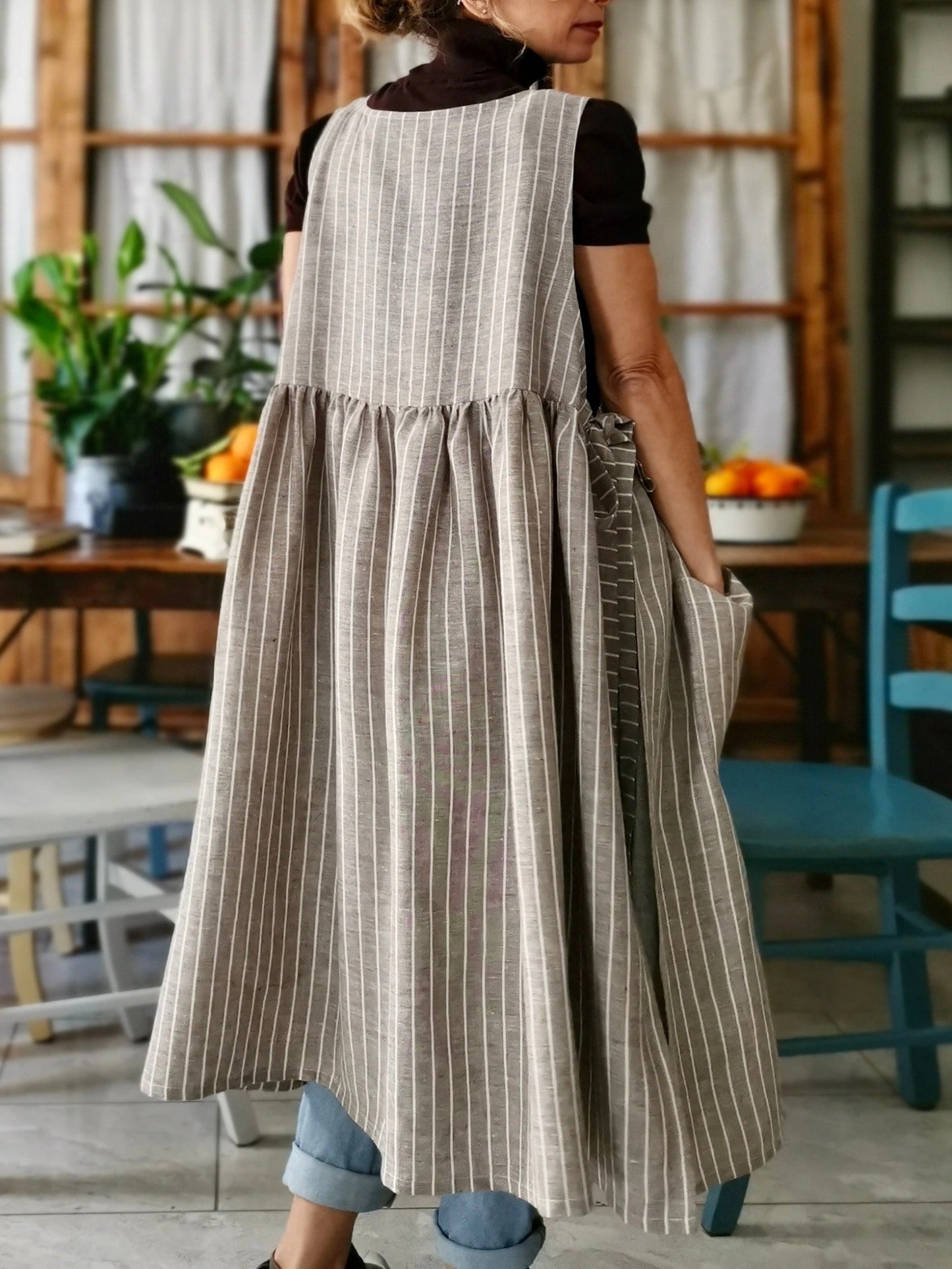 Vintage Light Brown Thin Vertical Stripe Long Apron & Dress (2-in-1)