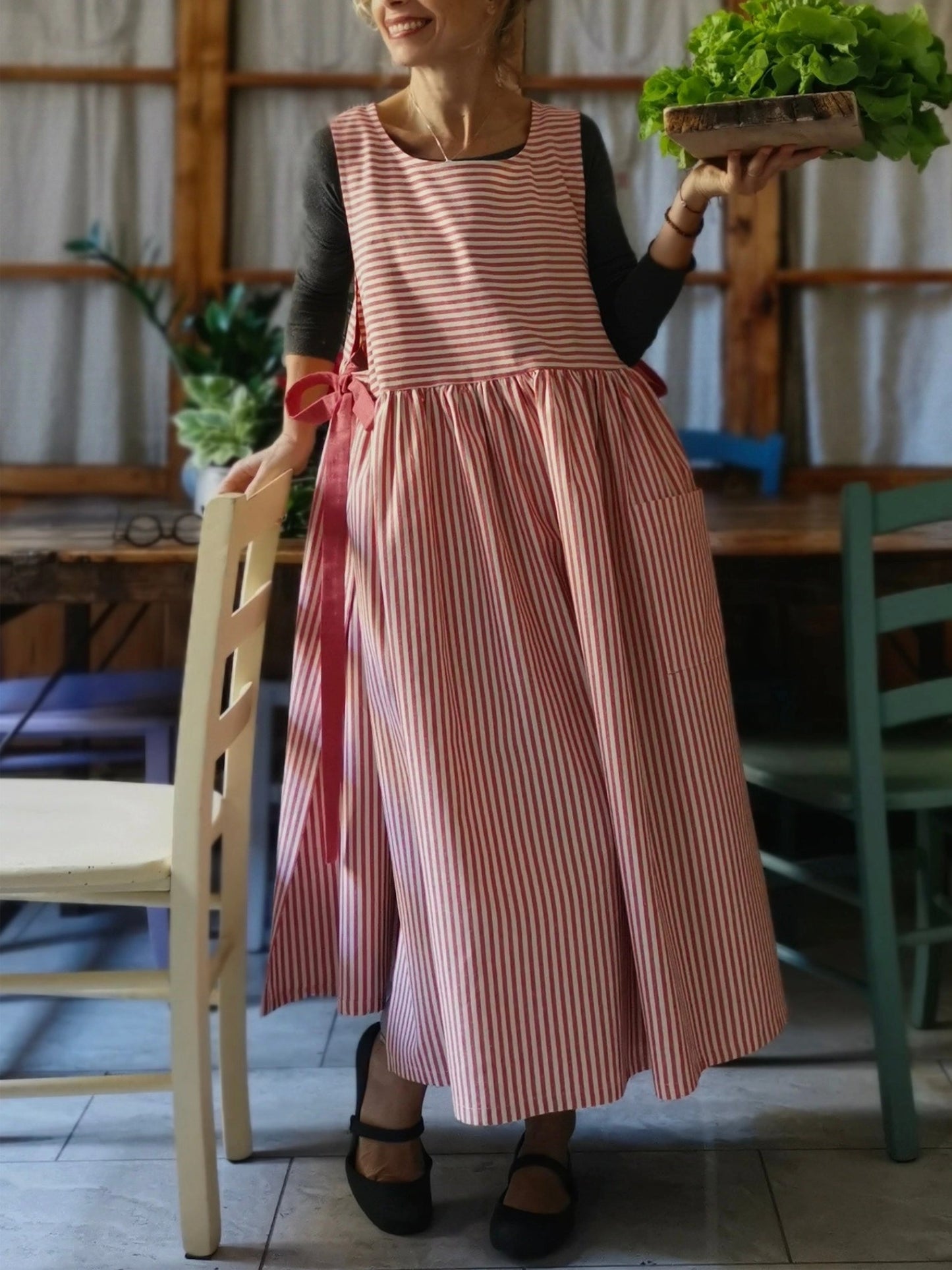 Cherry Red Striped Kitchen Apron