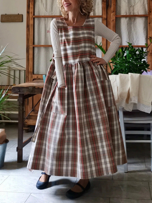 Vintage Brown-Tone Plaid Long Apron & Dress (2-in-1) with Red Stripes & Large Pockets