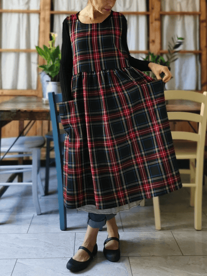 Vintage Black Base Red-Blue-Yellow Plaid Long Apron & Dress (2-in-1)