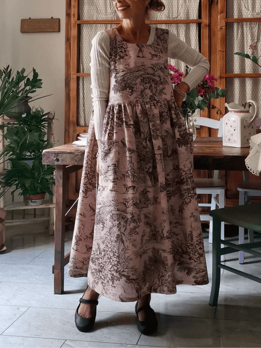 Vintage Pink Base Pastoral Landscape Print Long Apron & Dress (2-in-1)