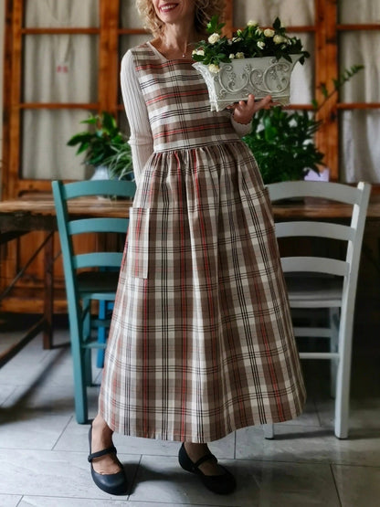 Vintage Brown-Tone Plaid Long Apron & Dress (2-in-1) with Red Stripes & Large Pockets
