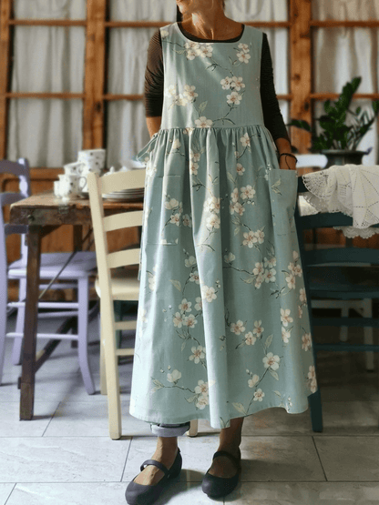 Vintage Light Mint Green White Blossom Branch Print Long Apron & Dress (2-in-1)