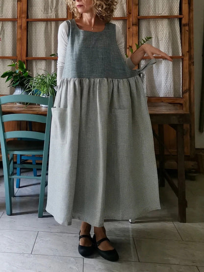 Vintage Grey Textured & Light Gray Plaid Patchwork Long Apron & Dress (2-in-1)