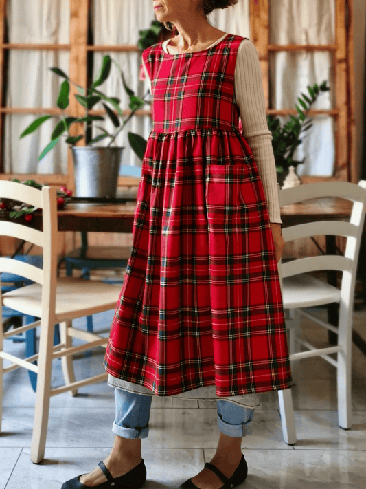 Vintage Red & Black Plaid Long Apron & Dress (2-in-1)