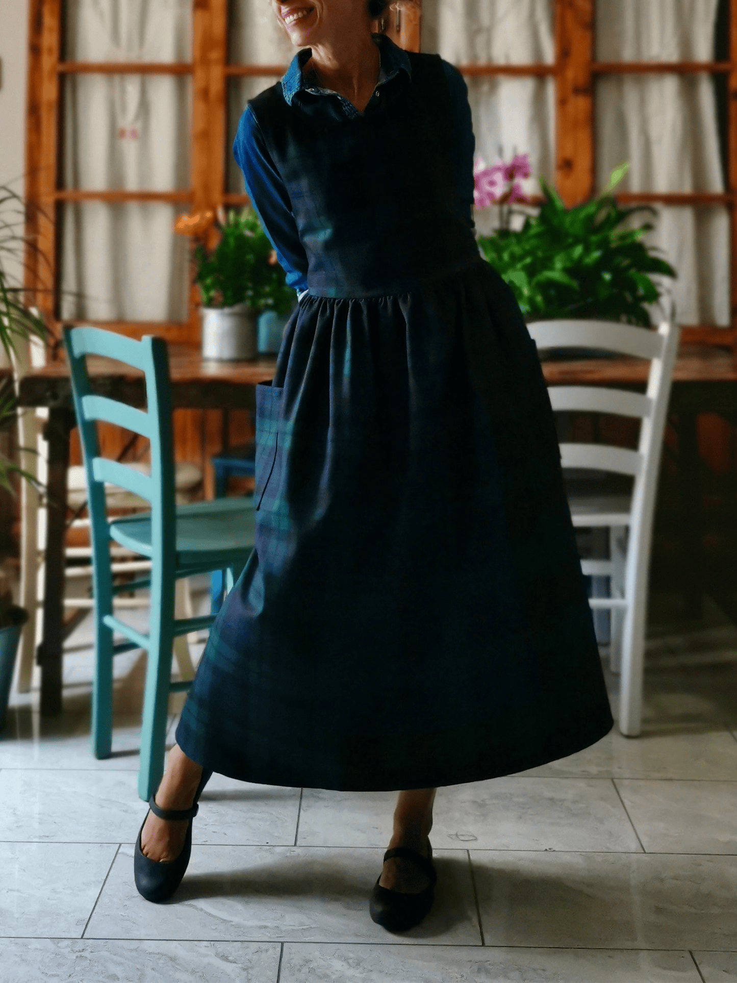 Vintage Deep Dark Green & Blue Plaid Long Apron & Dress (2-in-1)