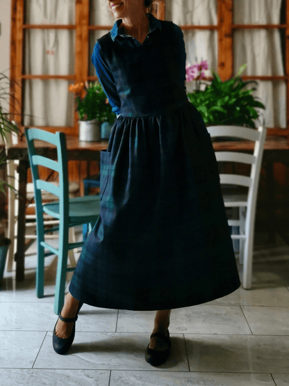 Vintage Deep Dark Green & Blue Plaid Long Apron & Dress (2-in-1)