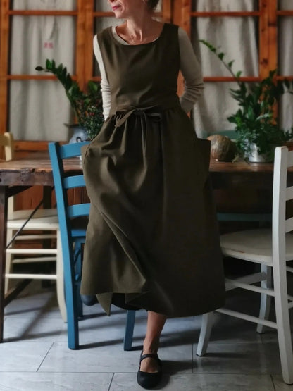Vintage Dark Green Solid Long Apron & Dress (2-in-1)
