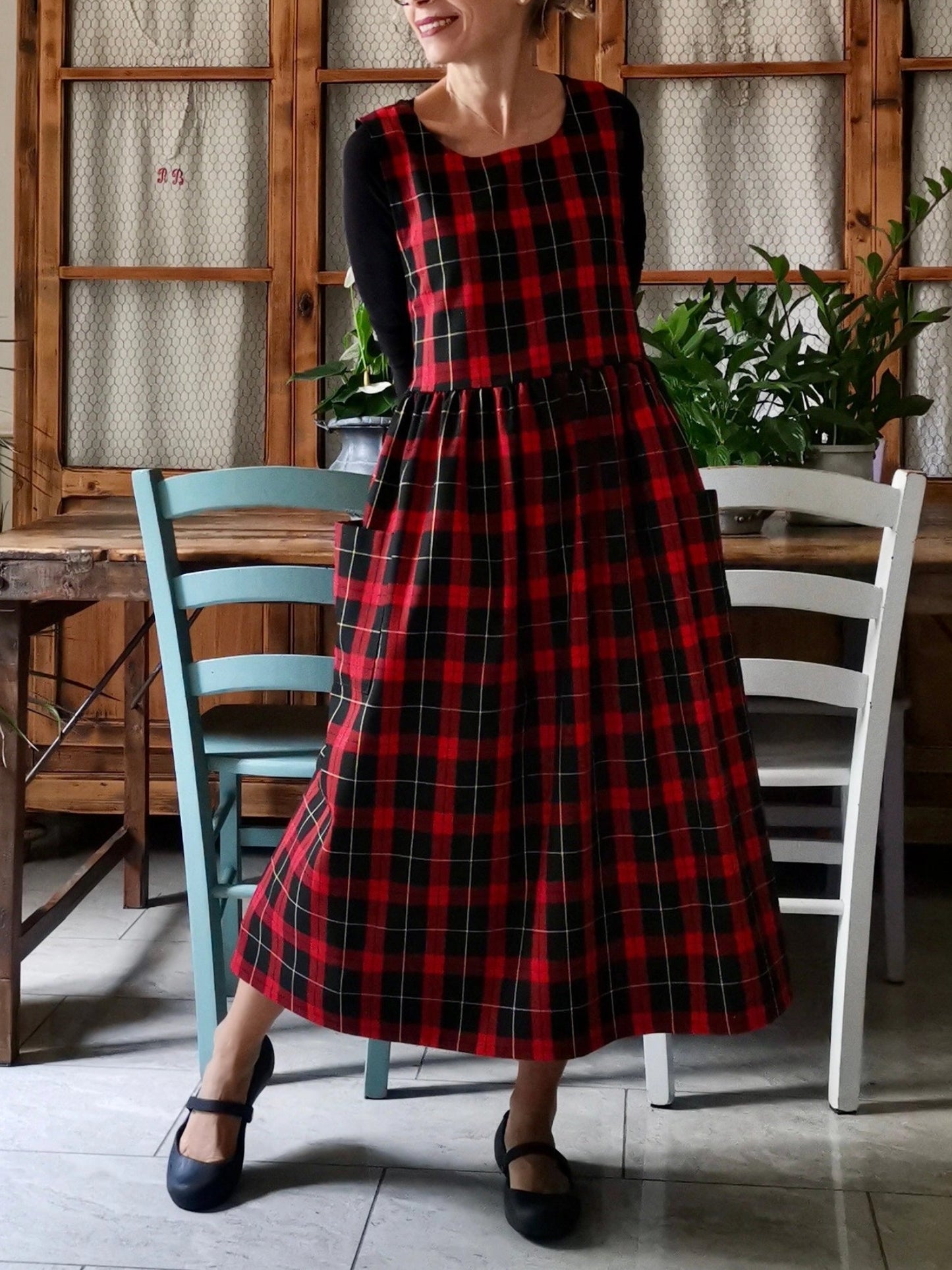Vintage Red & Black Plaid Long Apron & Dress (2-in-1) with Large Pockets