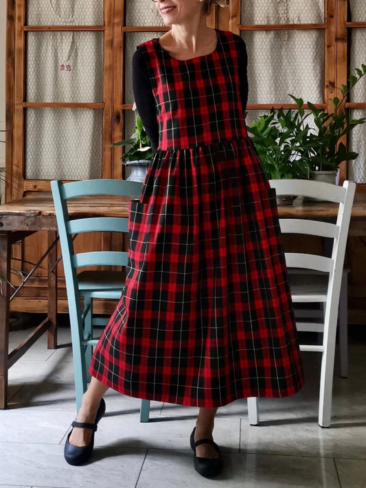 Vintage Red & Black Plaid Long Apron & Dress (2-in-1) with Large Pockets