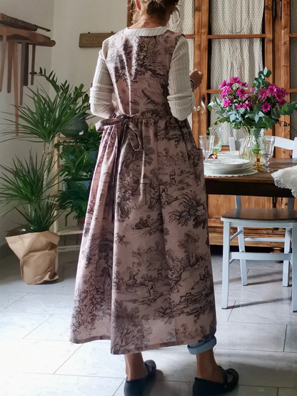 Vintage Pink Base Pastoral Landscape Print Long Apron & Dress (2-in-1)