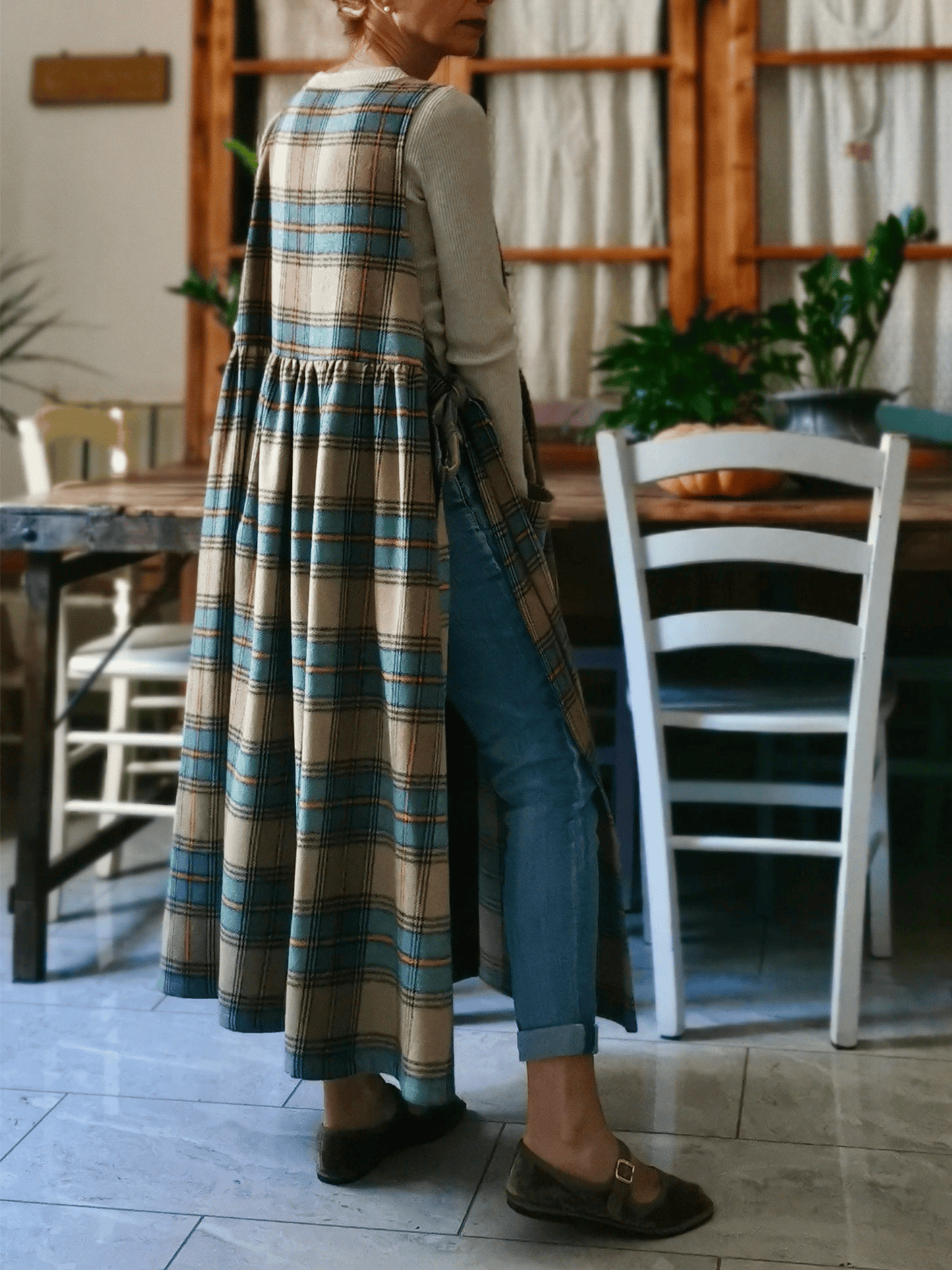 Vintage Light Khaki Blue & Brown Plaid Long Apron & Dress (2-in-1)