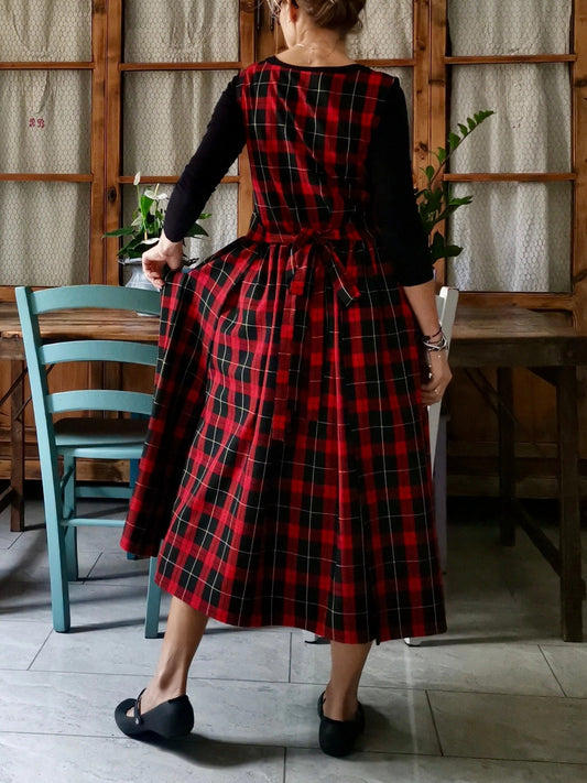 Vintage Red & Black Plaid Long Apron & Dress (2-in-1) with Large Pockets