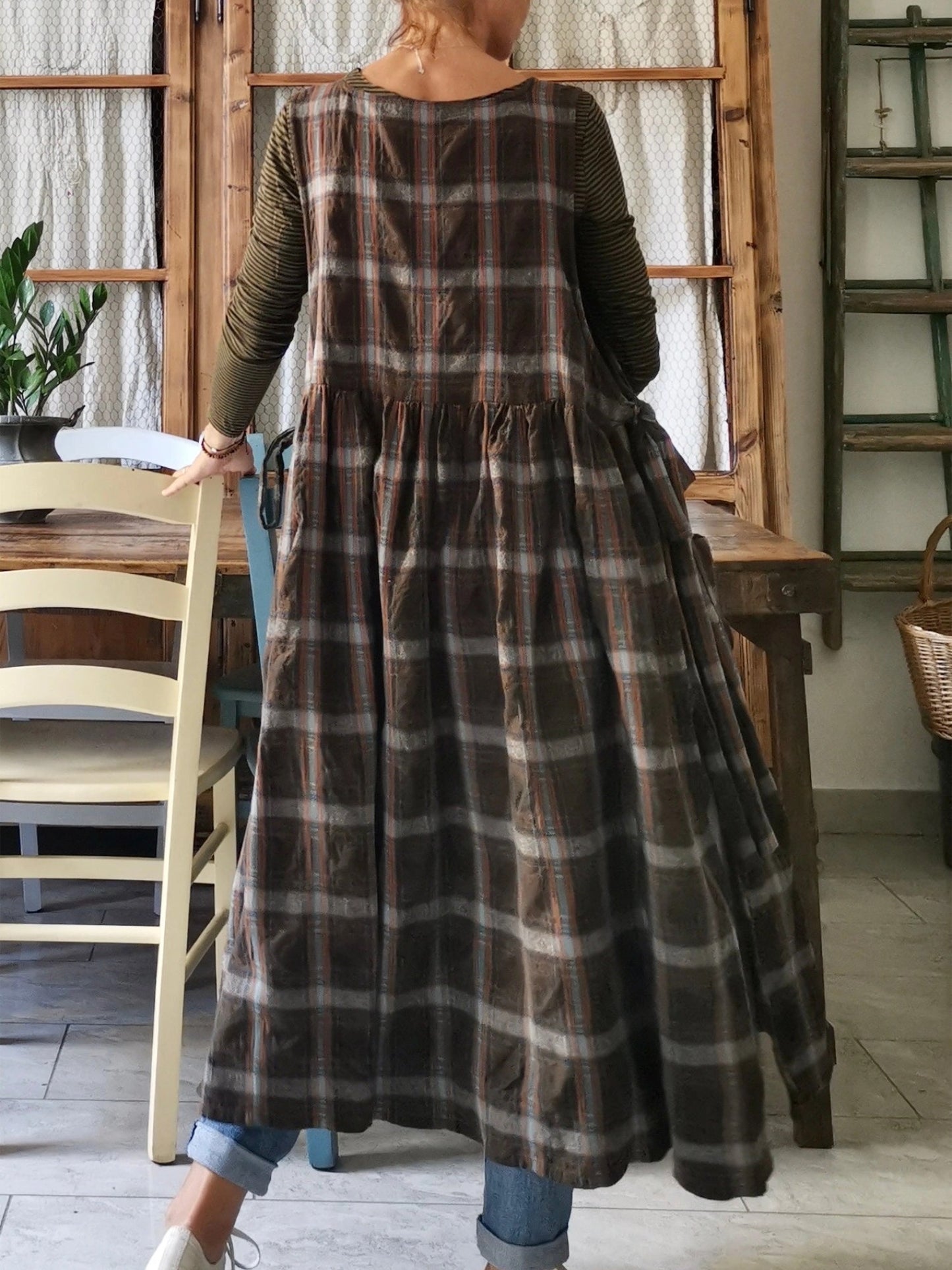 Vintage Dark Brown & Gray Plaid Long Apron & Dress (2-in-1)
