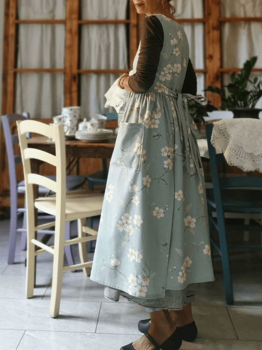 Vintage Light Mint Green White Blossom Branch Print Long Apron & Dress (2-in-1)