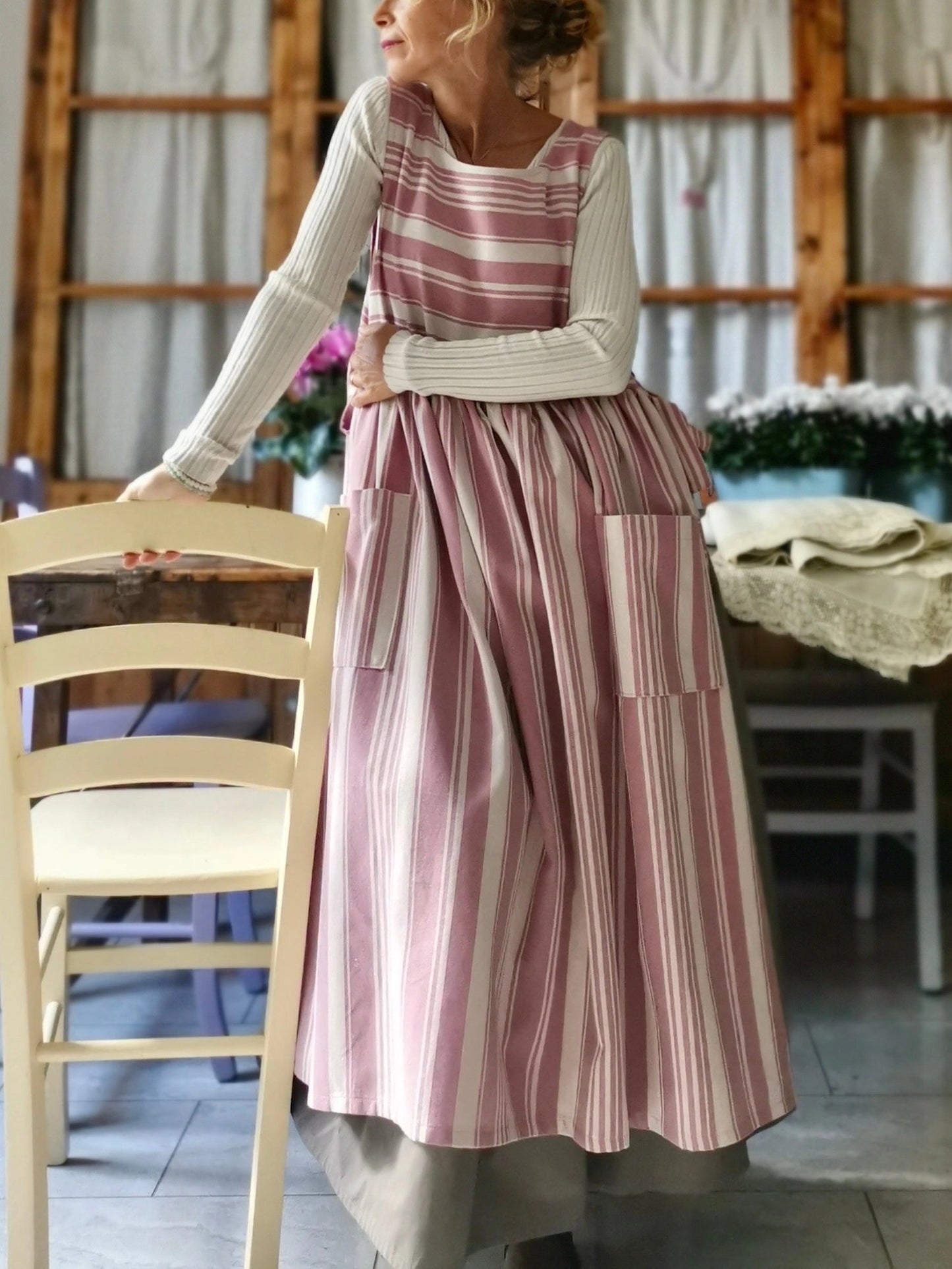 Pink and Cream Striped Apron