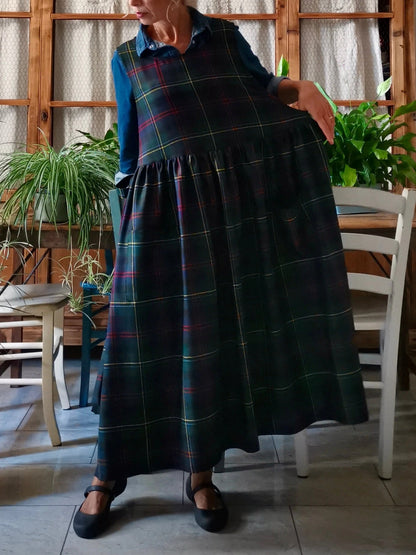 Vintage Navy Blue Base Red & Yellow Thin Plaid Long Apron & Dress (2-in-1)