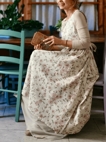 Vintage Light Beige Base Pale Pink Rose Print Long Apron & Dress (2-in-1)