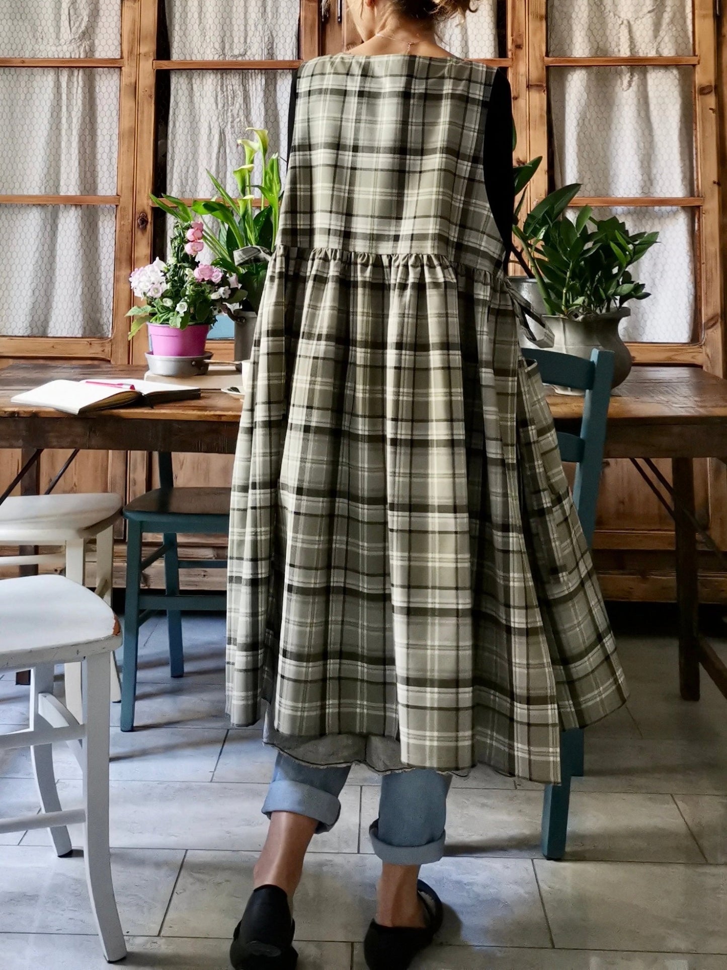 Vintage Light Gray & Green Plaid Long Apron & Dress (2-in-1)