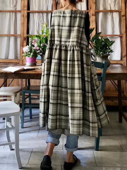 Vintage Light Gray & Green Plaid Long Apron & Dress (2-in-1)