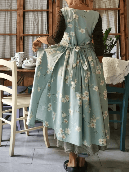 Vintage Light Mint Green White Blossom Branch Print Long Apron & Dress (2-in-1)