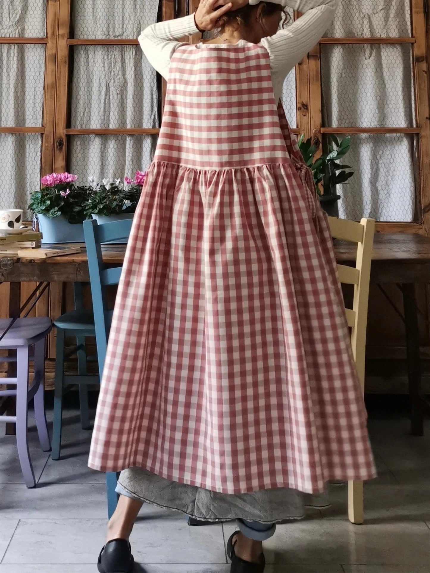Vintage Pink Gingham Long Apron & Dress (2-in-1)