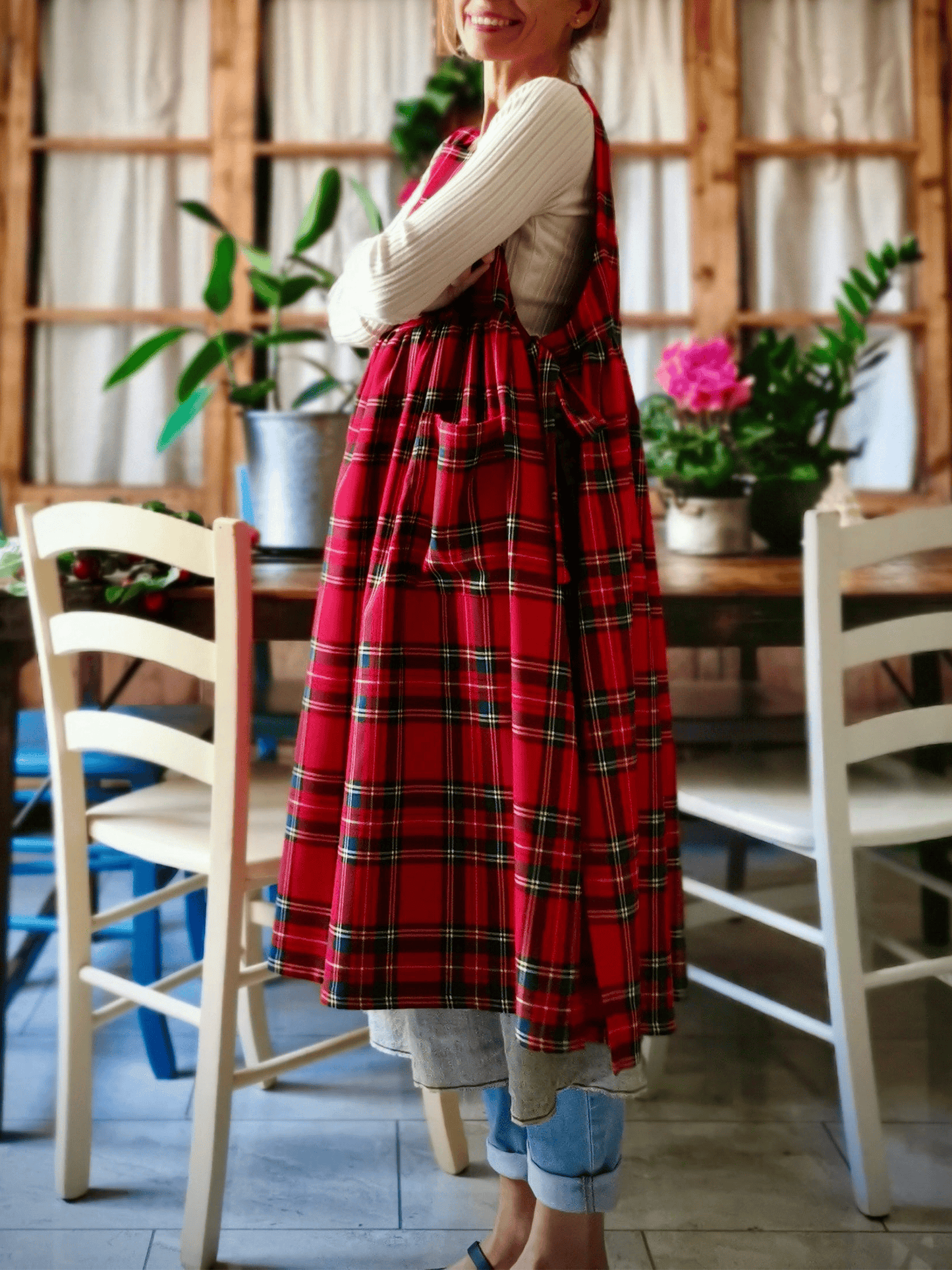 Vintage Red & Black Plaid Long Apron & Dress (2-in-1)