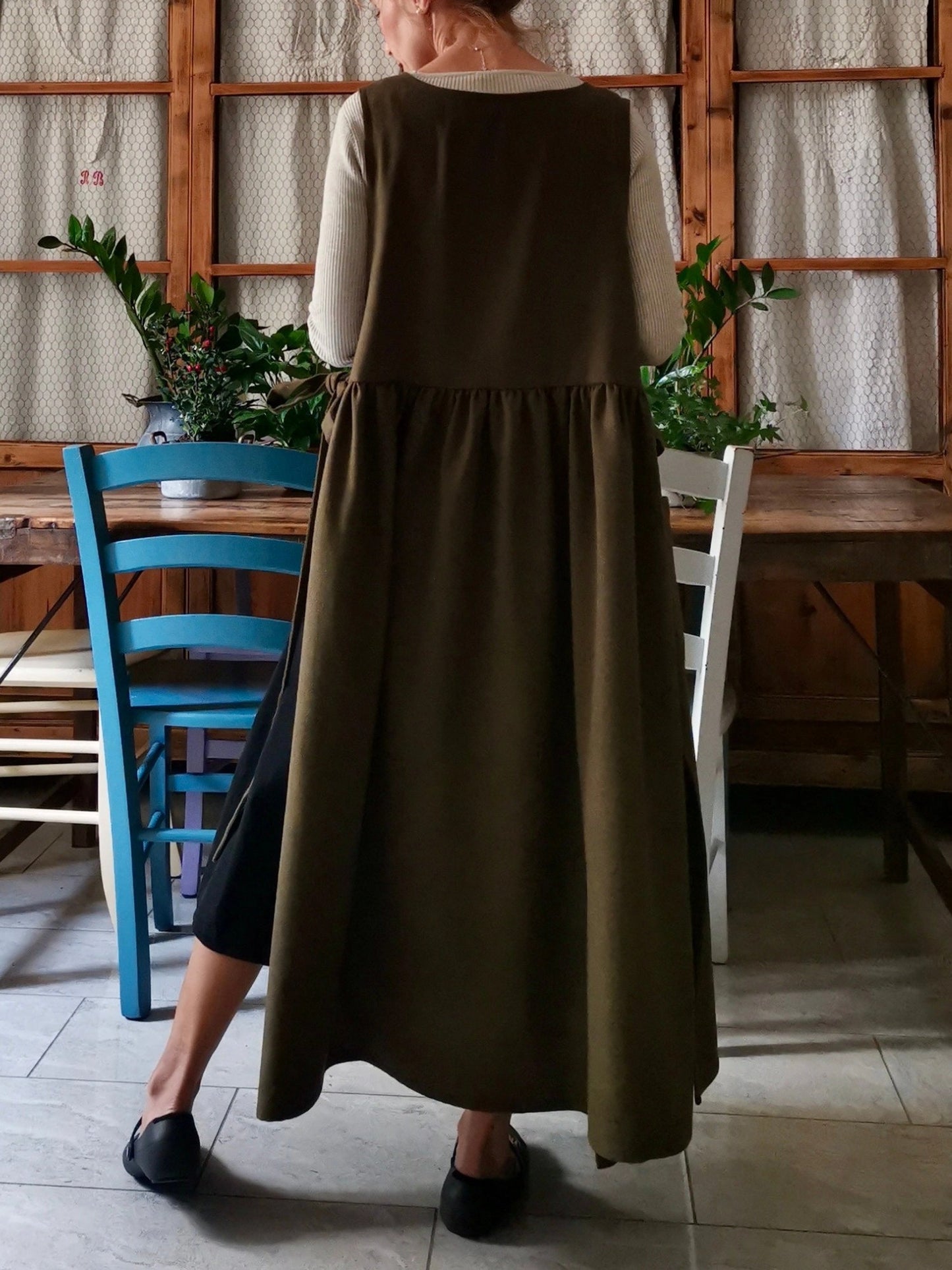Vintage Dark Green Solid Long Apron & Dress (2-in-1)