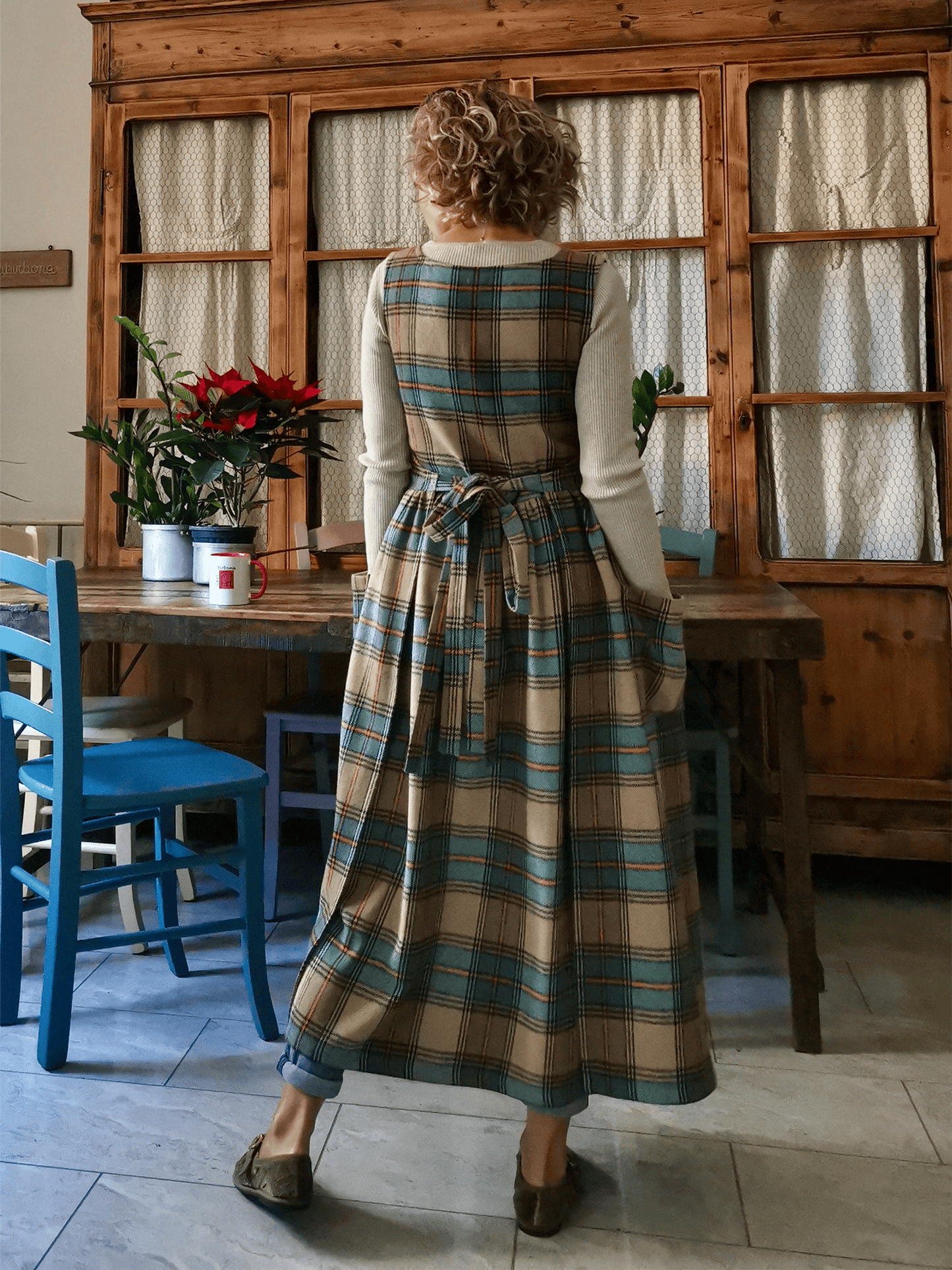 Vintage Light Khaki Blue & Brown Plaid Long Apron & Dress (2-in-1)