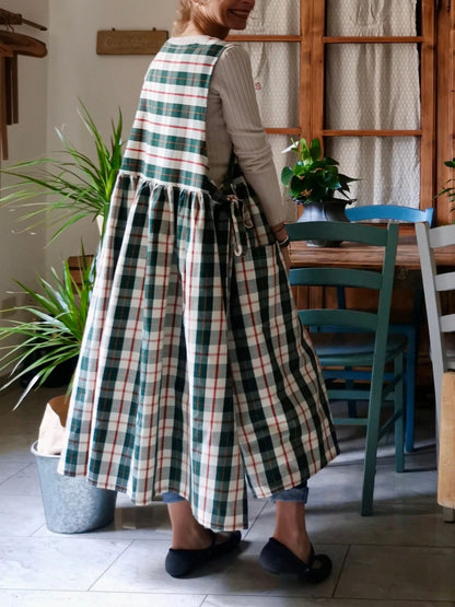 Vintage Green-Red-White Plaid Long Apron & Dress (2-in-1)