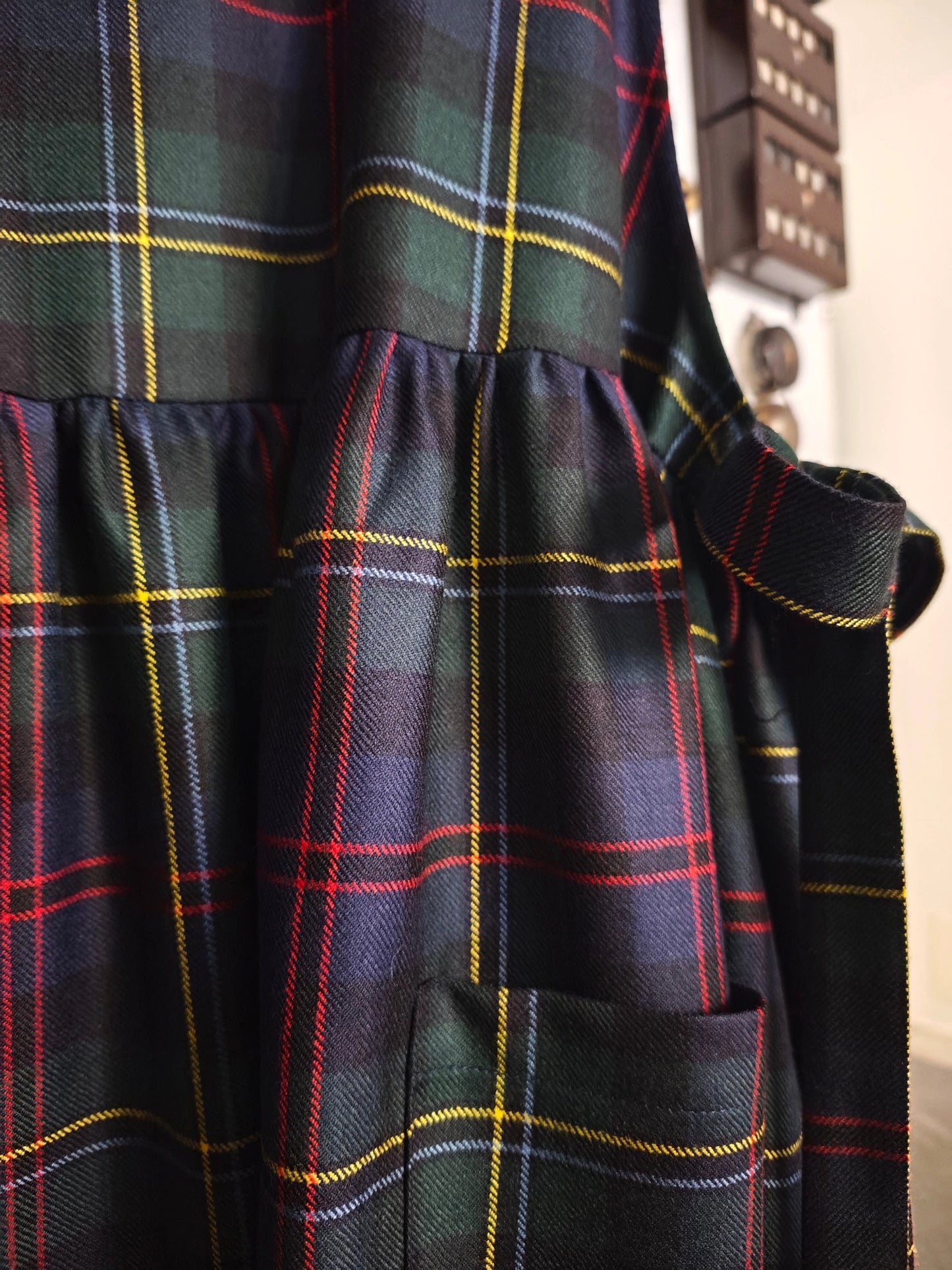 Vintage Navy Blue Base Red & Yellow Thin Plaid Long Apron & Dress (2-in-1)