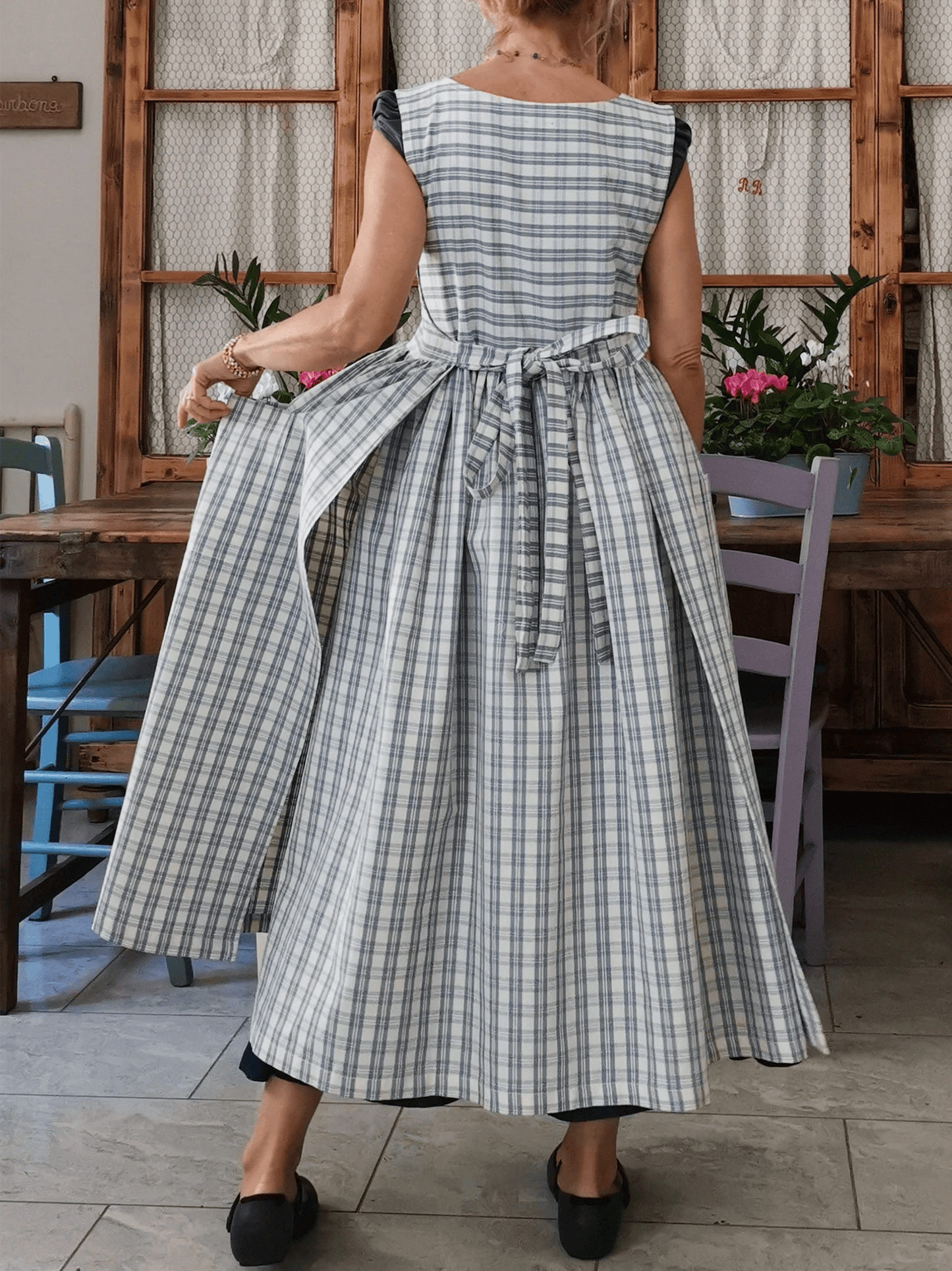 Vintage Light Blue & Cream Thin Plaid Long Apron & Dress (2-in-1)
