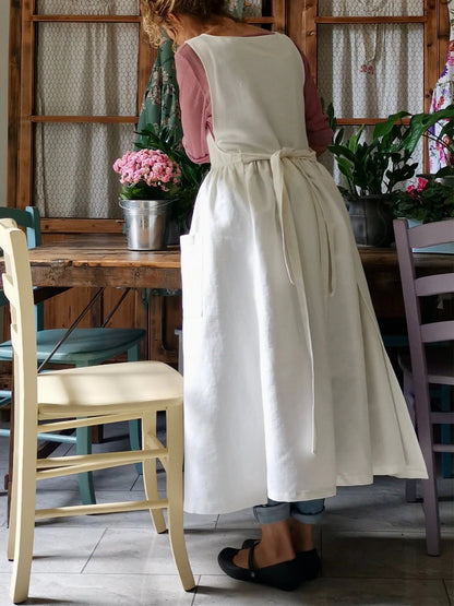 Vintage Off-White Solid Long Apron & Dress (2-in-1)