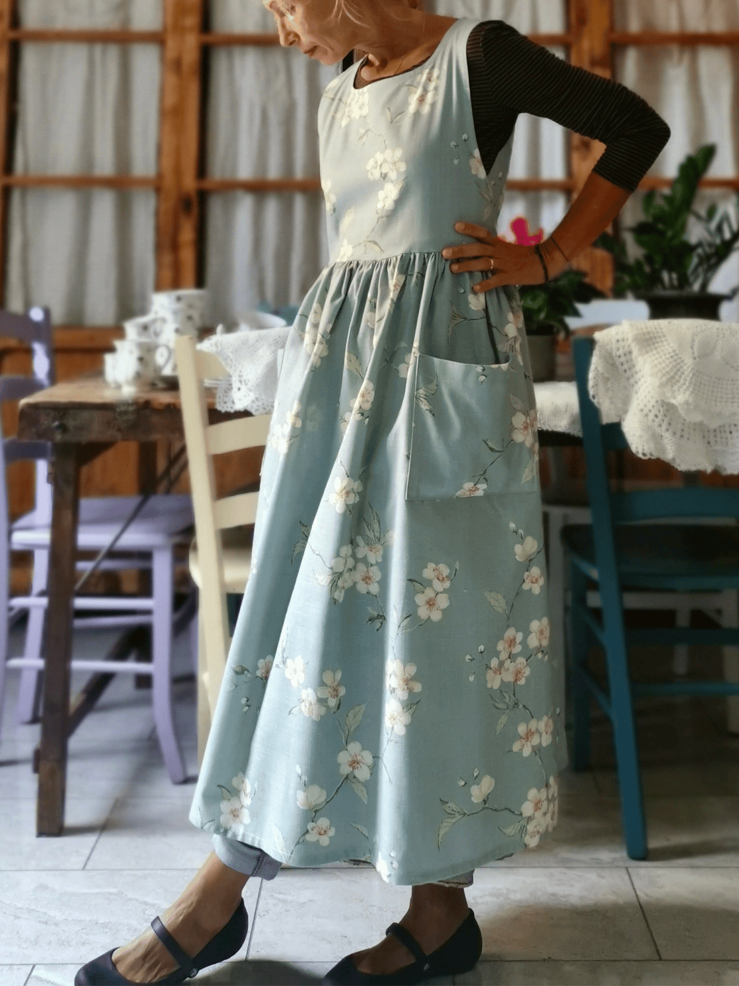 Vintage Light Mint Green White Blossom Branch Print Long Apron & Dress (2-in-1)