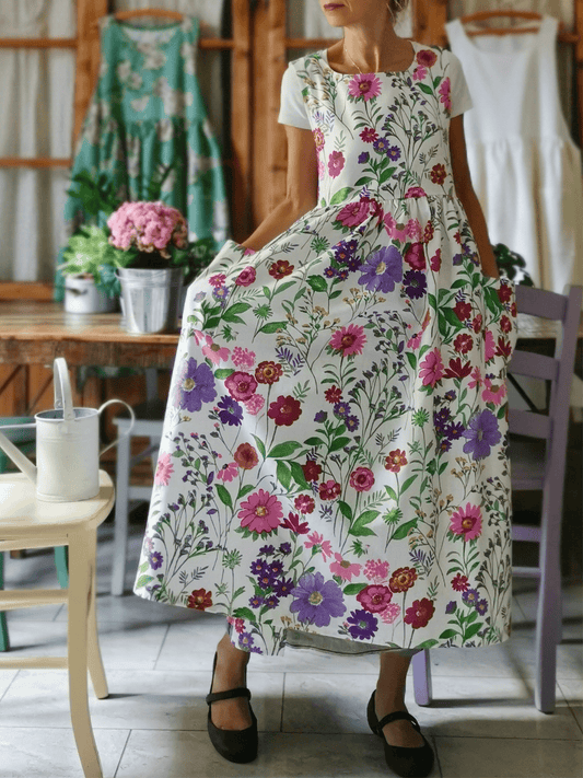 Vintage White Base Colorful Floral Print Long Apron & Dress (2-in-1)