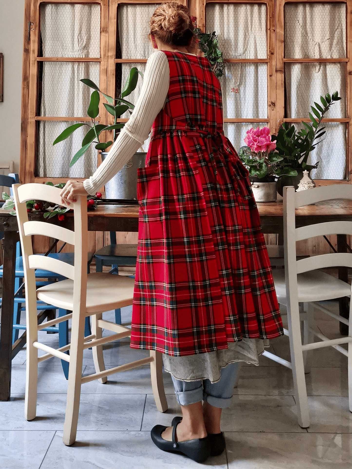 Vintage Red & Black Plaid Long Apron & Dress (2-in-1)