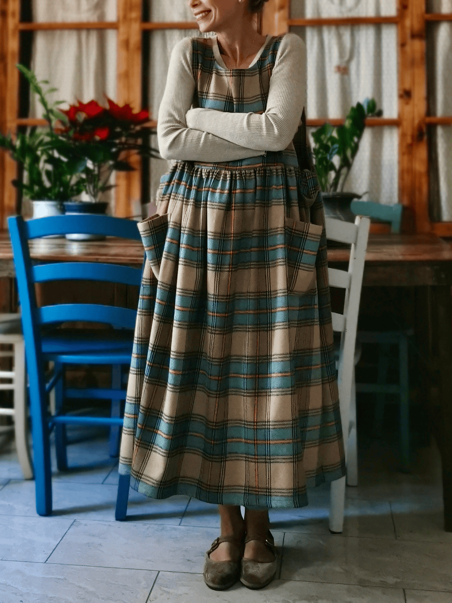 Vintage Light Khaki Blue & Brown Plaid Long Apron & Dress (2-in-1)