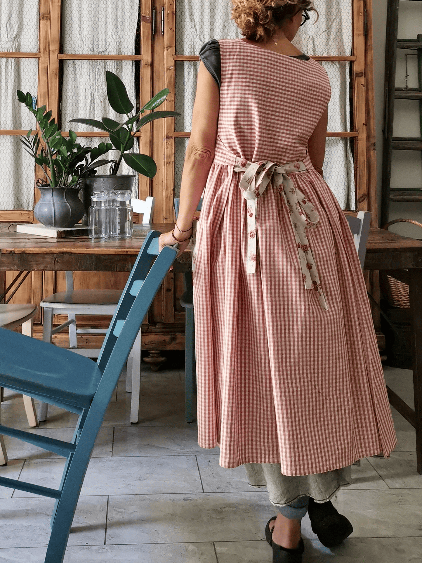 Vintage Pink & White Plaid Long Apron & Dress (2-in-1) with Floral Pockets