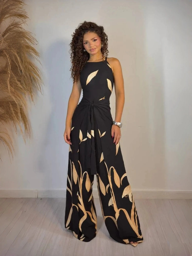 Women's Black Printed Jumpsuit Clarisse Long Wrap Style