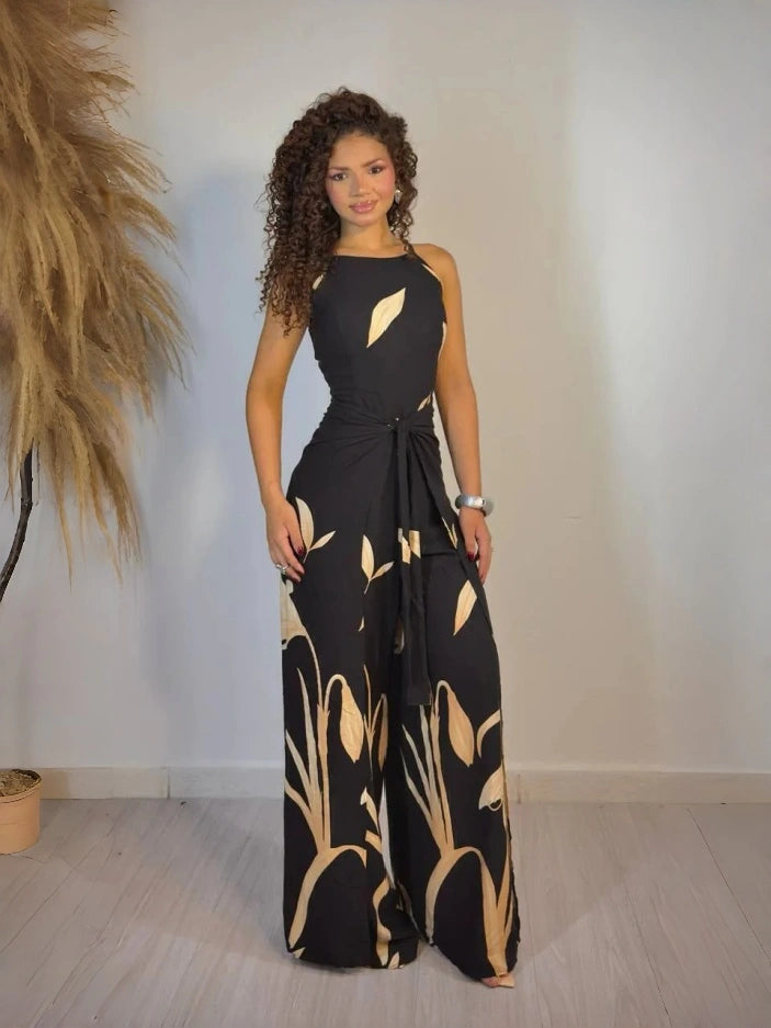 Women's Black Printed Jumpsuit Clarisse Long Wrap Style
